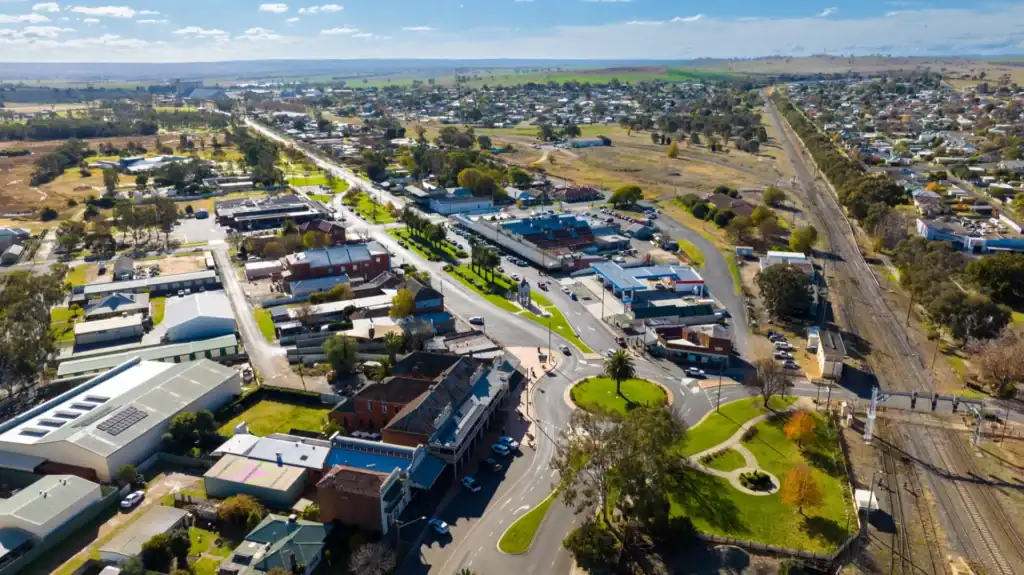 Aerial view of rural Australian town landscape.